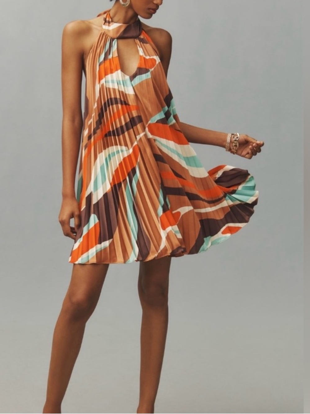 Hutch Pleated Multicolor Halter Mini Dress - Brown & Orange
